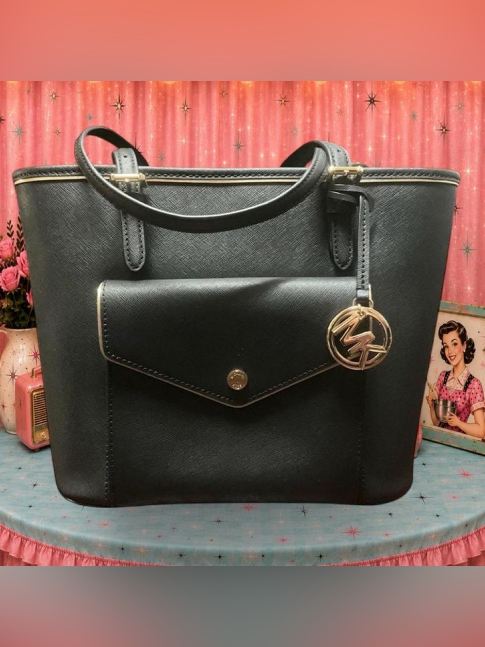 Michael Kors Saffiano Frame Black Leather Gold Tote Bag Medium – NWT